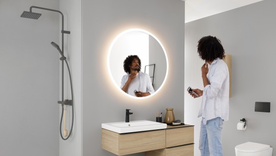Specchio Geberit Option rotondo con mobile, lavabo, ceramiche iCon