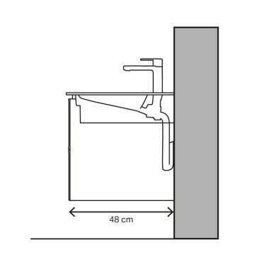 Schema di un lavabo con profondità 48 cm e scarico orizzontale